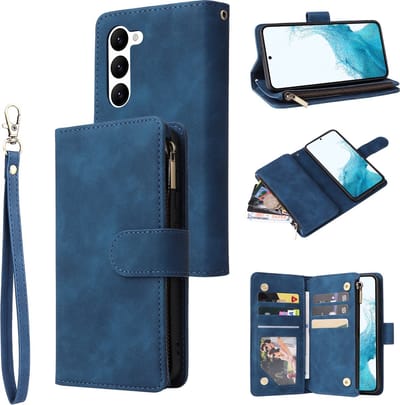 YPCd Wallet Case Pasjeshouder met Rits – Geschikt voor Samsung Galaxy S23 – Luxe Bookcase Hoesje met 6 Pasjesvakken & Polsbandje – Blauw