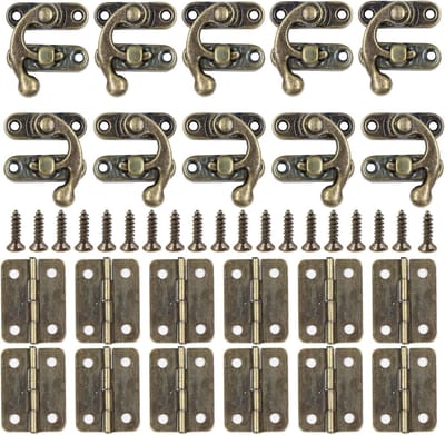 grendelhaakbeugel Retro sluiting links/rechts hoornslot 10 stuks antiek grendelhaak vergrendeling sluitinghaak + 12 stuks kleine doosscharnieren met schroeven, perfect voor houten kist