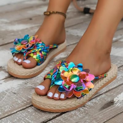 Zomer Dames Slippers Casual Schoenen Plat Vakantie Vlechtwerk Bloemenpatroon Slippers Teenband Strand Flip Flops Slides 43 brown