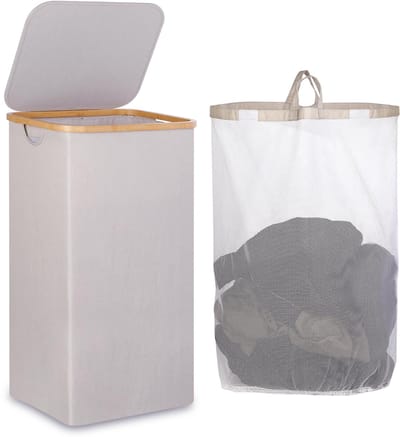 iEGrow Wasmand 110 liter, met deksel en handvat, inklapbaar, met uitneembare binnenzak, bamboe wasmand voor slaapkamer, badkamer, wasruimte (lichtgrijs)