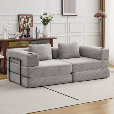 Multifunctionele Corduroy Slaapbank–Vaste Framebank–Opvouwbaar met 2 Kussens en Armleuningen–Comfortabel 2-in-1 Ontwerp–Geschikt voor 2 Personen–Te Gebruiken als Bank, Ligstoel en Logeerbed – Ideaal voor Appartementen of Kleine Ruimtes–Lichtgrijs
