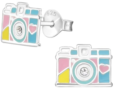 Joy|S - Zilveren camera oorbellen - 9 x 7 mm - fotocamera - pastel kleurtjes - oorknoppen