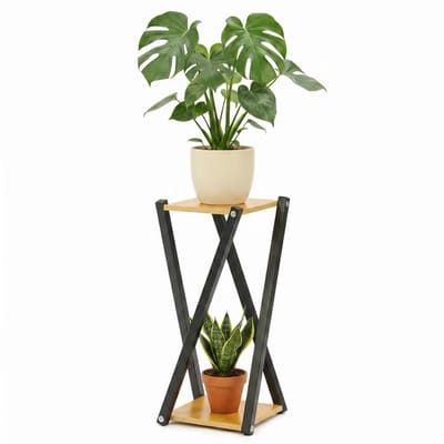 Lomera Plantenstandaard voor Binnen - Plantentafel - Plantenzuil - Plantenkruk - Bijzettafel - Plantenrek - Plantenmeubel - Bloemenkruk - Plantenhouder - Industrieel Metalen Ontwerp met 2 Houten Etages voor Kamerplanten