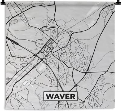 Wandkleed - Wanddoek - Kaart – Plattegrond – Stadskaart – Waver – België – Zwart Wit - 180x180 cm - Wandtapijt