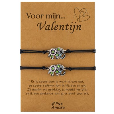 Koppel Armbandjes voor 2 "Voor mijn Valentijn" - Olifant - BFF Armbandjes met Cadeau Kaartje - Zwart & Zilverkleurig - Elastisch Verstelbaar - Pax Amare