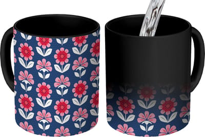 Magische Mok - Foto op Warmte Mokken - Koffiemok - Bloemen - Patroon - Rood - Magic Mok - Beker - 350 ML - Theemok