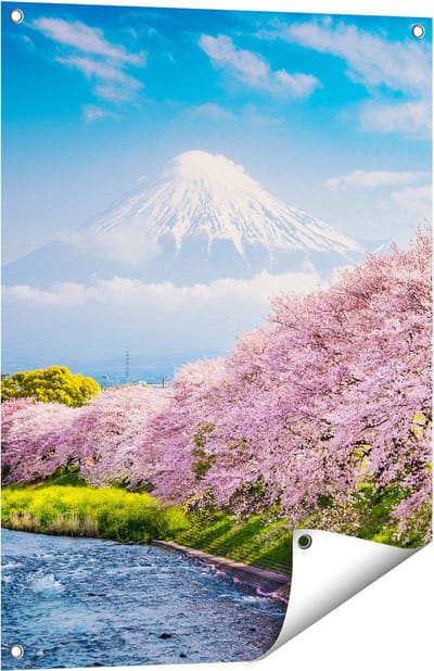 Gards Tuinposter Roze Bloesembomen bij de Fuji Berg - 60x80 cm - Tuindoek - Tuindecoratie - Wanddecoratie buiten - Tuinschilderij