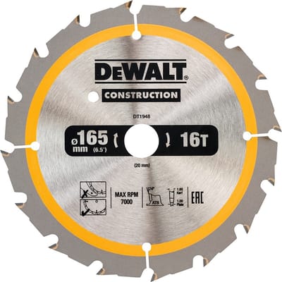 DeWALT Cirkelzaagblad voor Hout | Construction | Ø 165mm Asgat 20mm 16T - DT1948-QZ