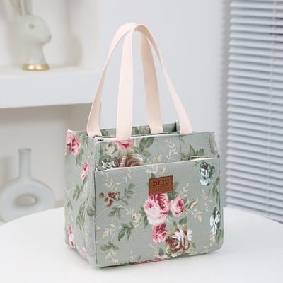 Draagbare Reis Bloemenprint Bento Geïsoleerde Lunchtas Vrouwen Herbruikbare Tote Ijskoeltas voor Picknick gray