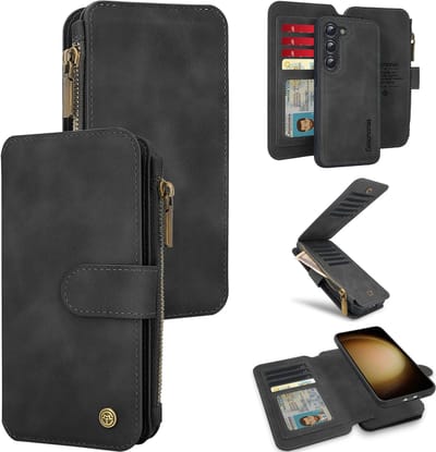 Casemania Hoesje Geschikt voor Samsung Galaxy S25 - Charcoal Gray - 2 in 1 Magnetische Book Case met Rits