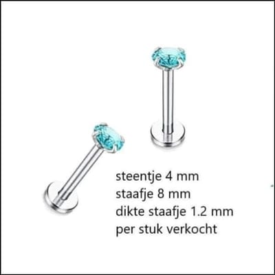 Aramat Jewels | Piercings | Elegante Zirkonia Labret Piercing – 8mmx1.2mm | Zilverkleurig / Aqua Blauw / 4mm | |3mm | Staal | Volwassenen | Verkleurd niet
