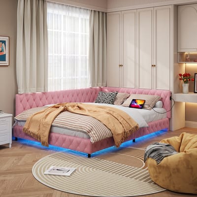 Gestoffeerde slaapbank 140x200 met ledverlichting en USB-oplaadpoort, kinderbed, slaapbank, teddystof, zonder matras, Teddt-stof, roze (splitsen voor 2 pakketten voor verzending)