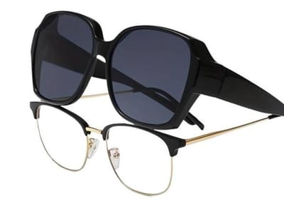 Opklikbare zonnebril, zwart, voor brildragers, kan aan de buitenkant van een zonnebril worden bevestigd, unisex, UV-bescherming.