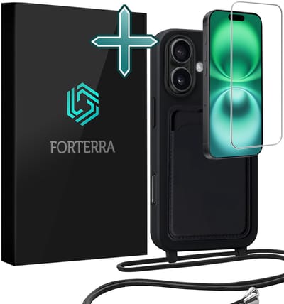 Hoesje Geschikt voor iPhone 16 Plus Pashouder Case Siliconen Hoes Met Koord Met Screenprotector - Hoes Geschikt voor iPhone 16 Plus Met Telefoonkoord Hoesje Back Cover Met Pasjeshouder - Zwart