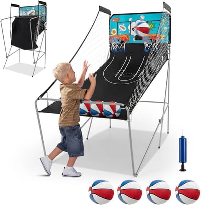 COSTWAY 8-in-1 basketbalautomaat, elektrische basketbalstandaard, inklapbaar, schietmachine met 4 kleurrijke ballen, 8 speelmodi, luchtpomp voor 2 spelers, Arcade basketbalspel voor kinderen en