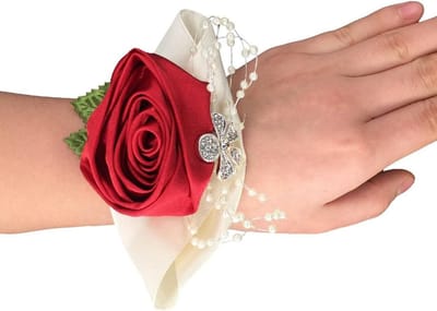 Pols Corsage - Bruidsbloemen Pols - Bruiloft Decoratie - Elastische Polsband - 4 stuks - Wijnrood