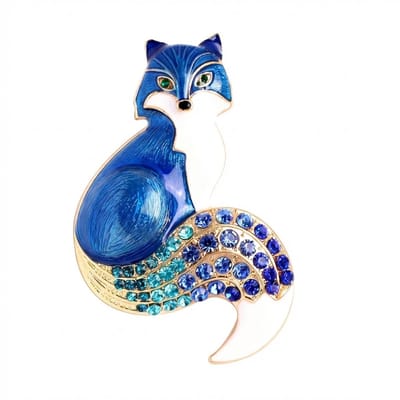 Blauwe vos broche dames met dierfiguur, goudkleurige afwerking en strass accenten, decoratieve broche als speld met gekleurde stenen en emaille look detail geschikt voor jas, blouse of sjaal