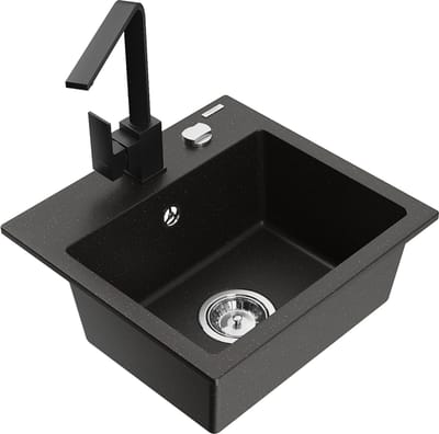 Mexen Milo granieten spoelbak 1-komorig met keukenkraan Rita, zwart/goud metallic - 6505-75-670300-70