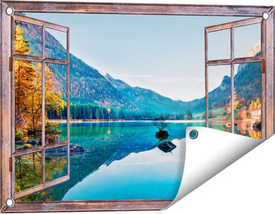 Gards Tuinposter Doorkijk Meer met Herfstbomen - 60x40 cm - Tuindoek - Tuindecoratie - Wanddecoratie buiten - Tuinschilderij