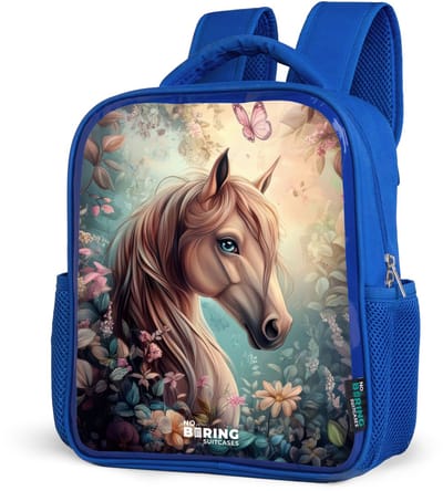 NoBoringSuitcases.com® - Rugzak blauw - Schooltas jongens - Paard met vlinders in bloementuin - Kinder rugtas jongen - Boekentas kind - Kinderrugzak voor school - Schoolrugzak