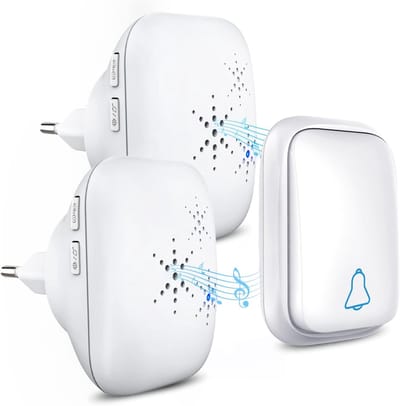 Draadloze deurbel zonder batterijen, voor buiten, waterdicht, met 2 ontvangers, IP68 waterdicht, 150 m bereik, 4 volumeniveaus, 37 beltonen, deurbel, voordeur, zonder batterij, set wit