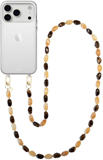 xoxo Wildhearts telefoonhoesje geschikt voor iPhone 17 Pro - Amber Dust (lang koord) - siliconen hoesje met koord - Backcover met telefoonkoord - Telefoonhanger stenen ketting - Beige / Bruin