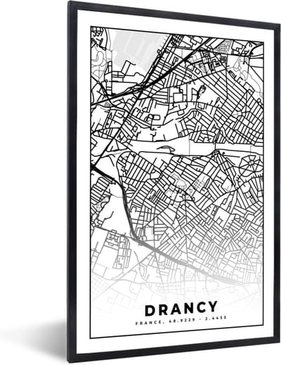 Fotolijst incl. Poster Zwart Wit- Kaart - Plattegrond - Drancy - Frankrijk - Stadskaart - Zwart wit - 40x60 cm - Posterlijst