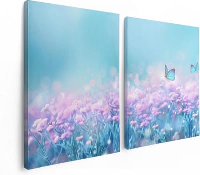 Artaza Canvas Schilderij Tweeluik Twee Blauwe Vlinders Bij Roze Bloemen - 120x80 - Foto Op Canvas - Canvas Print