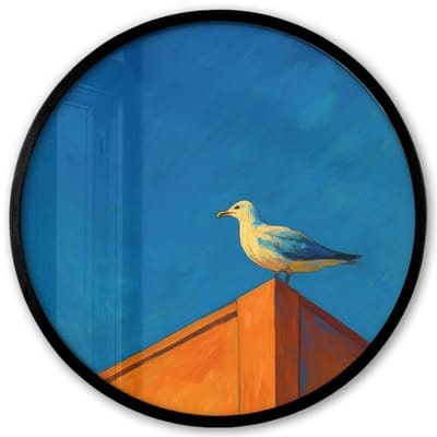 Poster in lijst Rond - Fotolijst 40x40 cm - Posters - Meeuw - Gebouw - Lucht - Geschilderd - Ronde posterlijst zwart - Decoratie - Wanddecoratie woonkamer - Muurdecoratie slaapkamer