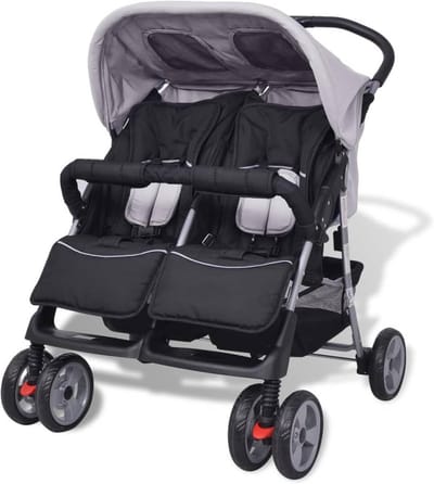 Comfortabele Dubbele Kinderwagen Grijs/Zwart - Inklapbaar met Verstelbare Rugleuning