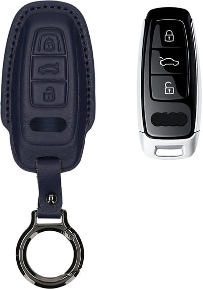 kwmobile leren autosleutel hoesje geschikt voor Audi A6 A7 A8 Q7 Q8 3-knops autosleutel Keyless - Als sleutelhanger met sleutelring - Echt leer in donkerblauw