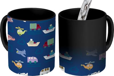 Magische Mok - Foto op Warmte Mokken - Koffiemok - Patronen - Vliegtuig - Boot - Vrachtwagen - Jongetje - Jongens - Kinderen - Kids - Magic Mok - Beker - 350 ML - Theemok