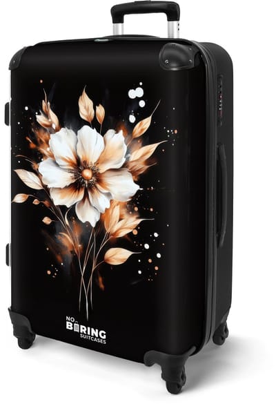 NoBoringSuitcases.com® - Koffer groot - Rolkoffer lichtgewicht - Zwart - Bloem in beige en brons - Reiskoffer met 4 wielen - Reis trolley - Grote valies XL - Bagagekoffer op wieltjes - 20 kg bagage - Ruimbagage middelgroot