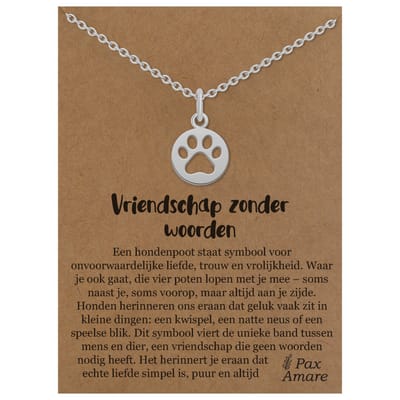 Hondenpootjes Ketting op Cadeau Kaartje - Vriendschap zonder woorden - Zilverkleurig - Schattige Pootjes Ketting - Roestvrij Staal / Stainless Steel - 45cm + 5cm verstelbaar - Pax Amare