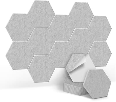 Akoestische Panelen Hexagon 12 Stuks – Geluidsabsorberende Wandpanelen 30x26 cm – Polyester Vilt – Wanddecoratie voor Studio, Kantoor, Gaming Room en Thuisbioscoop – Lichtgrijs