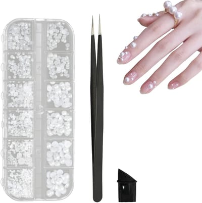 Dailygoods - 6 maten halfronde kralen, nail art, platte kralen, doos met parels, nail art, decoratie, met pincet, opbergdoos voor nagels, telefoonhoesje, knutselen (1 doos/12 vakken)