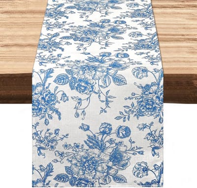 Tafelloper met roze monochrome schets, blauw, 32 x 140 cm, lente, zomer, vintage, bloemen, tafelkleed, retro, bloemen, tafeldecoratie, tafelset, keuken, binnen, vakantie, feest, verjaardag