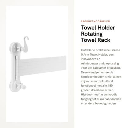 Dailygoods- Handdoekhouder Rotating 180° - Handdoekrek zonder boren - Multifunctioneel - Douchehaak - Ruimtebesparend - Hoogwaardige ABS kunststof