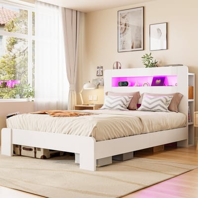 OKWISH Houten Bed 140x200 cm - Met Ledverlichting En Stopcontacten - Hoofdbord Met Opbergruimte - Zonder Matras - Wit