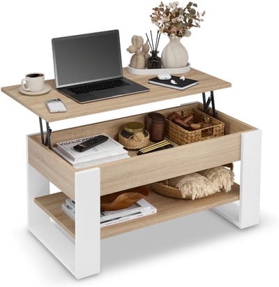 defiPad Salontafel met opklapbaar blad, plank en opbergruimte - Industrieel, Loftstijl - Wit + Sonoma Eiken
