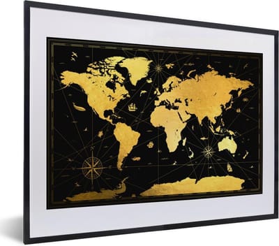 Poster in lijst - Fotolijst 40x30 cm - Posters - Wereldkaart - Goud - Zwart - Luxe - Posterlijst zwart - Decoratie - Wanddecoratie woonkamer - Muurdecoratie slaapkamer