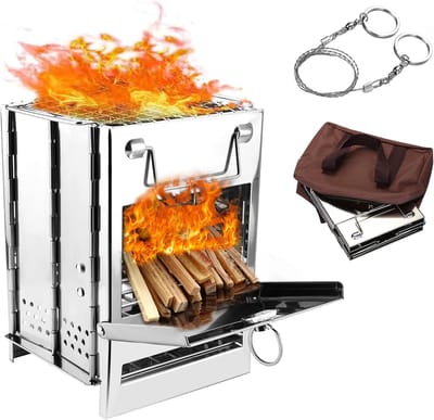 Camping houtkachel opvouwbaar RVS kookkachel draagbaar met grill en opbergtas lichtgewicht 1 kg
