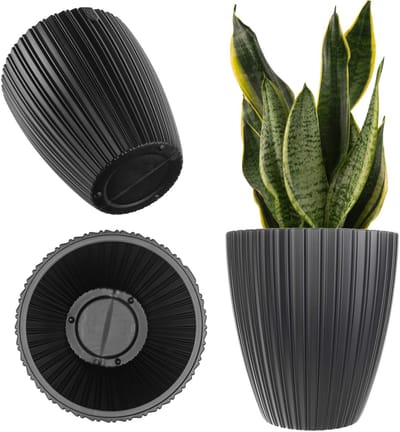 KADAX Decoratieve sierpot met binneninzetstuk, ronde plantenpot, kunststof bloempot voor binnen en buiten, bloempot (zwart, 30 cm)