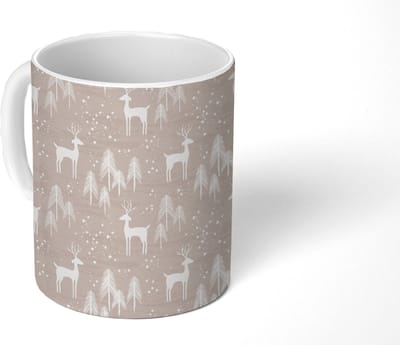 Mok - Koffiemok - Patronen - Hert - Wit - Beige - Mokken - 350 ML - Beker - Koffiemokken - Theemok