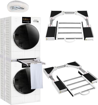 Wasmachine onderhoud-Universeel wasmachine-droger verbindingsframe - verstelbaar (51-76 cm) met uitschuifbaar rek​​-universeel tussenbouwframe voor wasmachine/drogers
