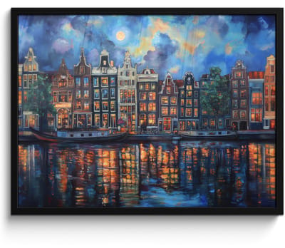 Poster in lijst - Fotolijst 70x50 cm - Posters - Grachten Amsterdam - Huizen - Stad - Kleurrijk - Posterlijst zwart - Decoratie - Wanddecoratie woonkamer - Muurdecoratie slaapkamer