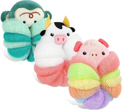 3 Pack Kinderen Loofah, Schattige Douche Puff voor Lichaam, Dierlijke Bad Spons voor Peuters, Luffa Sponsen voor Badderen, Lichaams Scrubber en Speelse Douche Scrunchie
