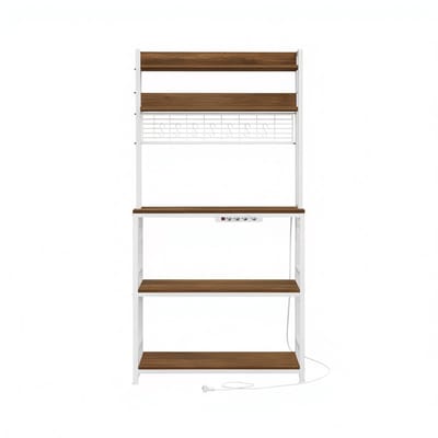 Keukenopbergrek 40×80×170cm bruin+wit, met multifunctioneel stopcontact, magnetronrek en roosterplaten, verstelbare planken, 14 haken, stevig en duurzaam, geschikt voor keuken en eetkamer