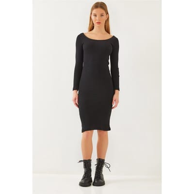 Textured Geribde Midi-jurk met Vierkante Kraag