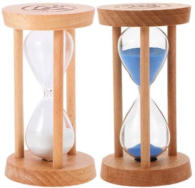 Dailygoods - Milisten 2 stuks zandloper-glazen timer, 5 minuten zandlopers, houten zandloper, 9 cm x 5 cm decoratieve zandloper, timer voor klaslokalen, keukens, woningen